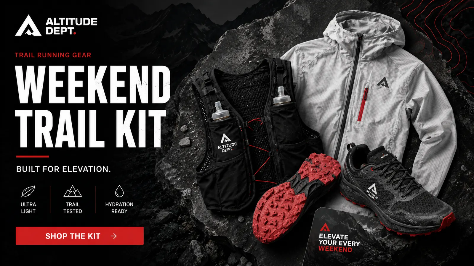 Altitude Dept. Weekend Trail Kit — product flat-lay on alpine rock