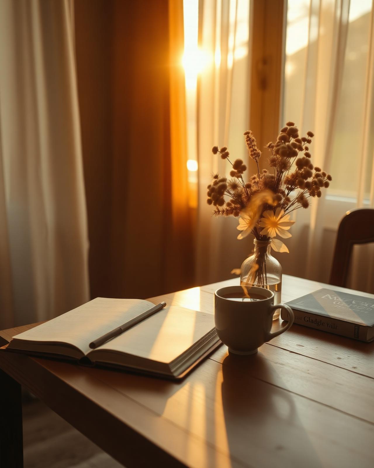 Golden hour journaling scene with tea and dried flowers