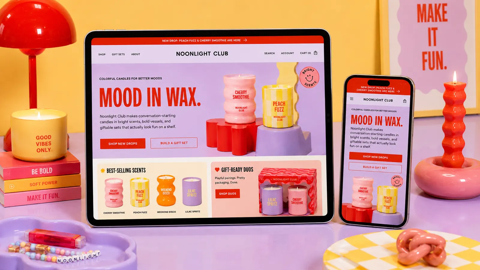 Noonlight Club responsive website shown across tablet and mobile