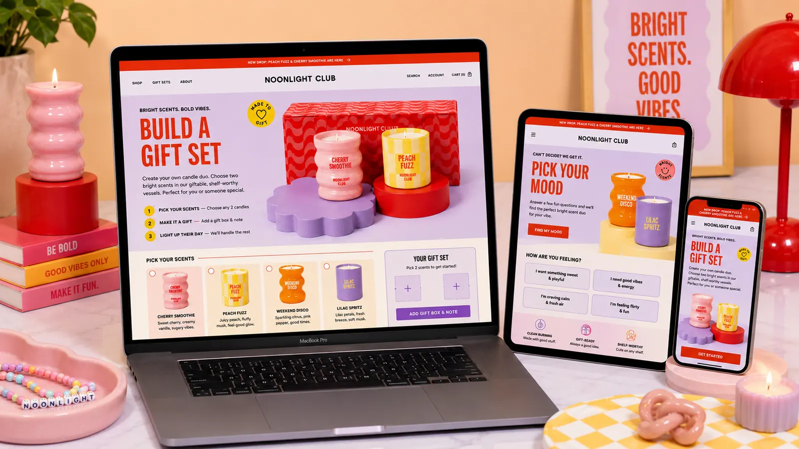 Noonlight Club gift set builder and mobile mood quiz screens