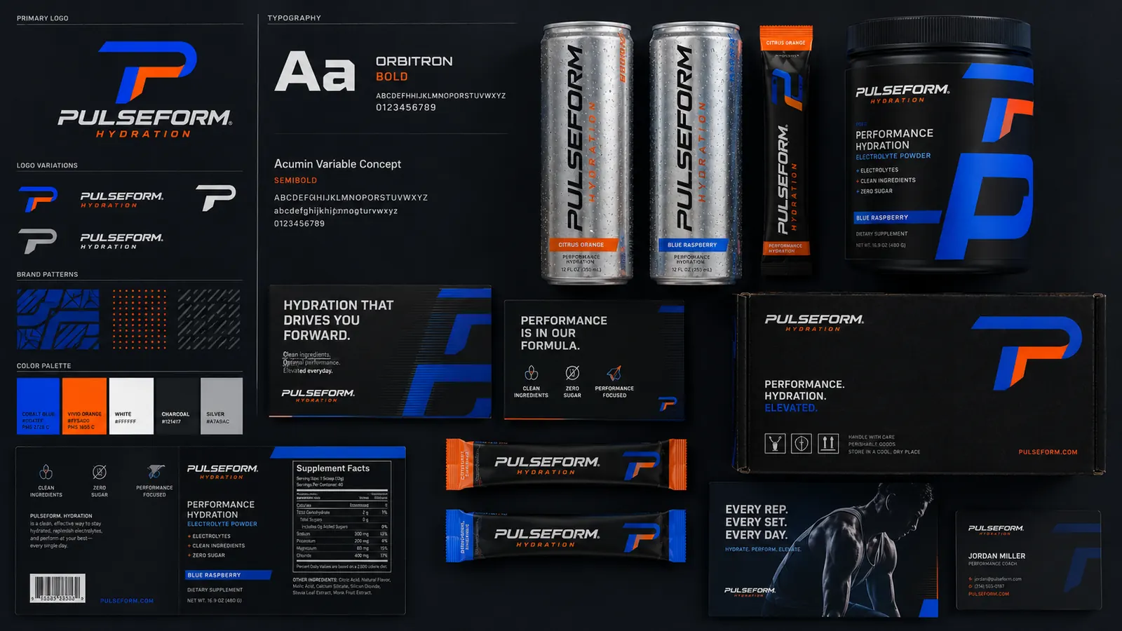 Pulseform brand board — logo system, typography, and product range